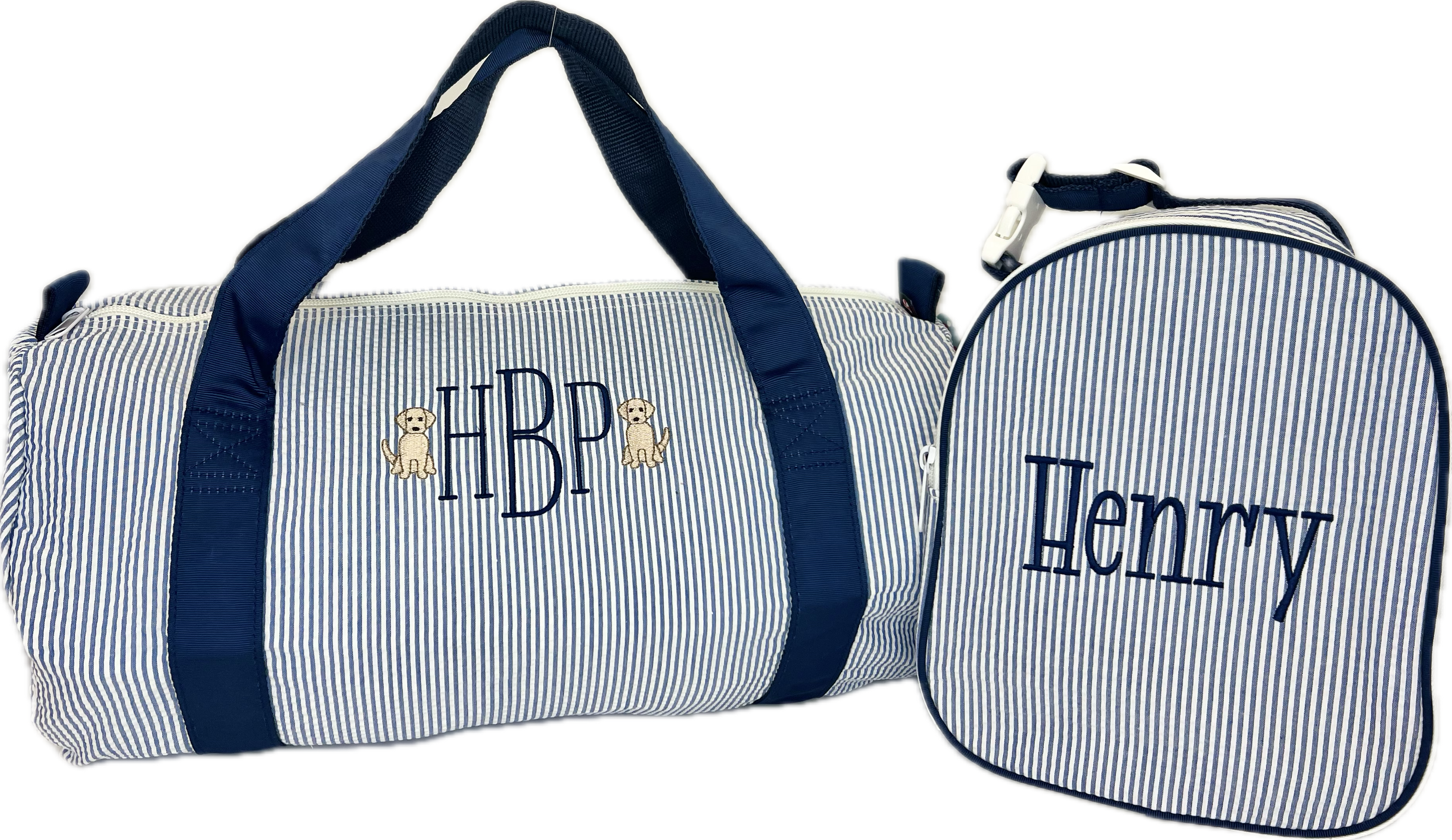 Medium Duffel Bag Navy Seersucker by Mint Sweet Little Things