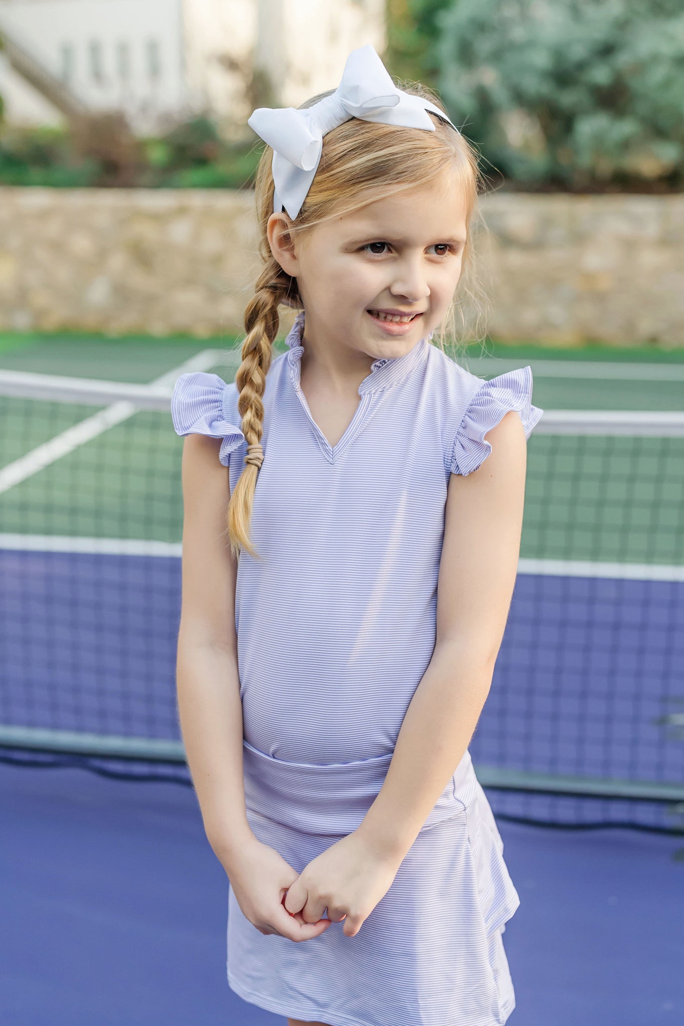 Ellie Girls' Sleeveless Performance Top by LH Sport - Purple Stripes