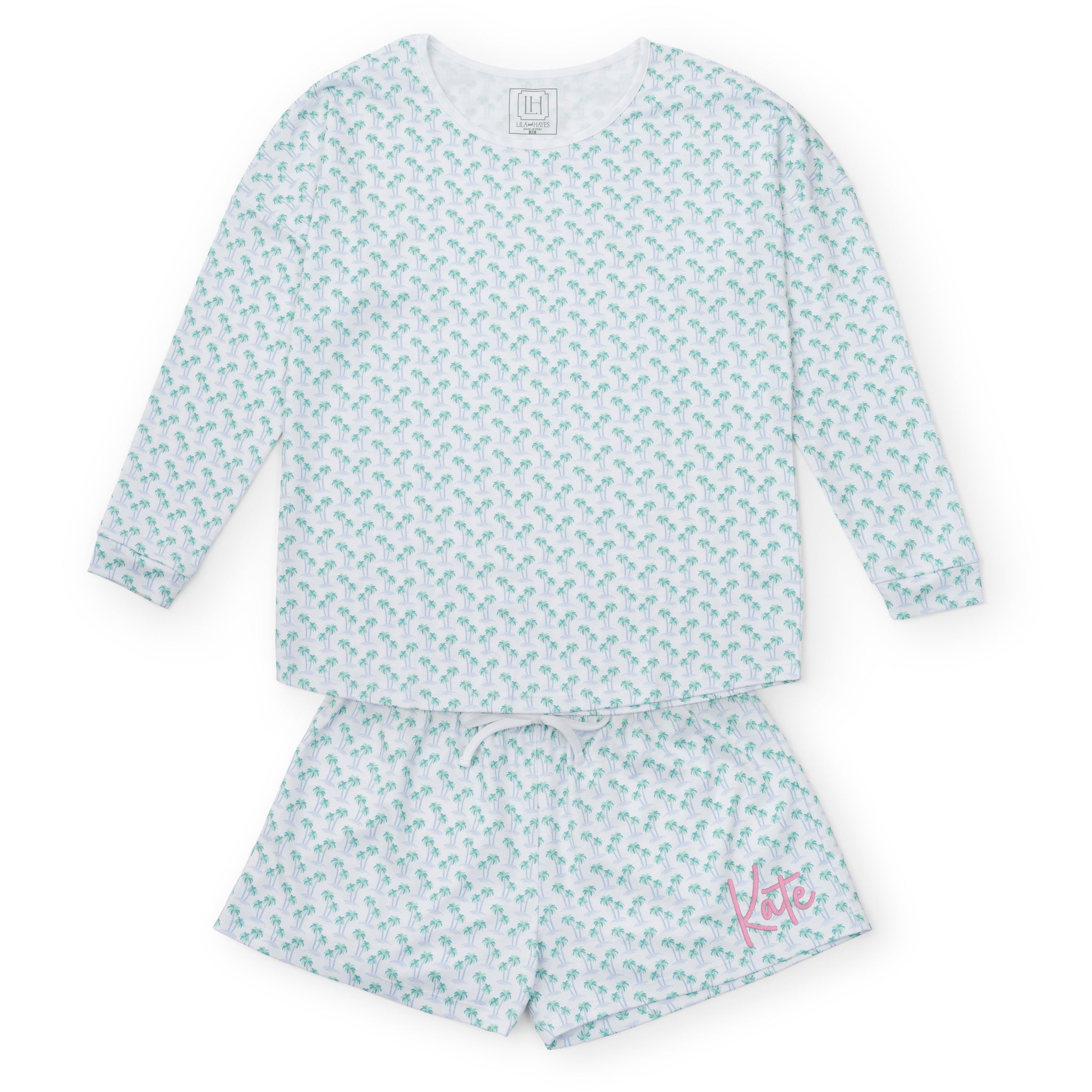 Anna Women's Longsleeve Top Short Set - Palm Tree Isle Blue
