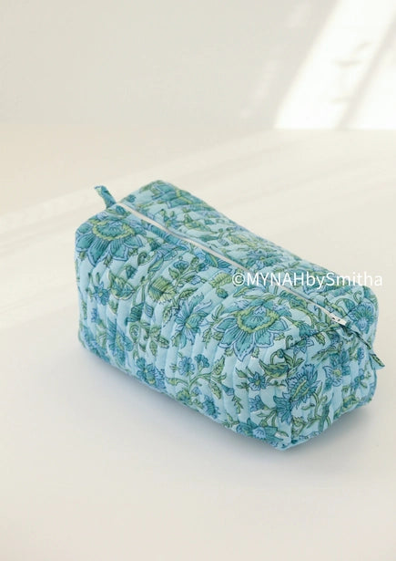Blue Green Floral Travel/Make Up/Organizer Bag - Large