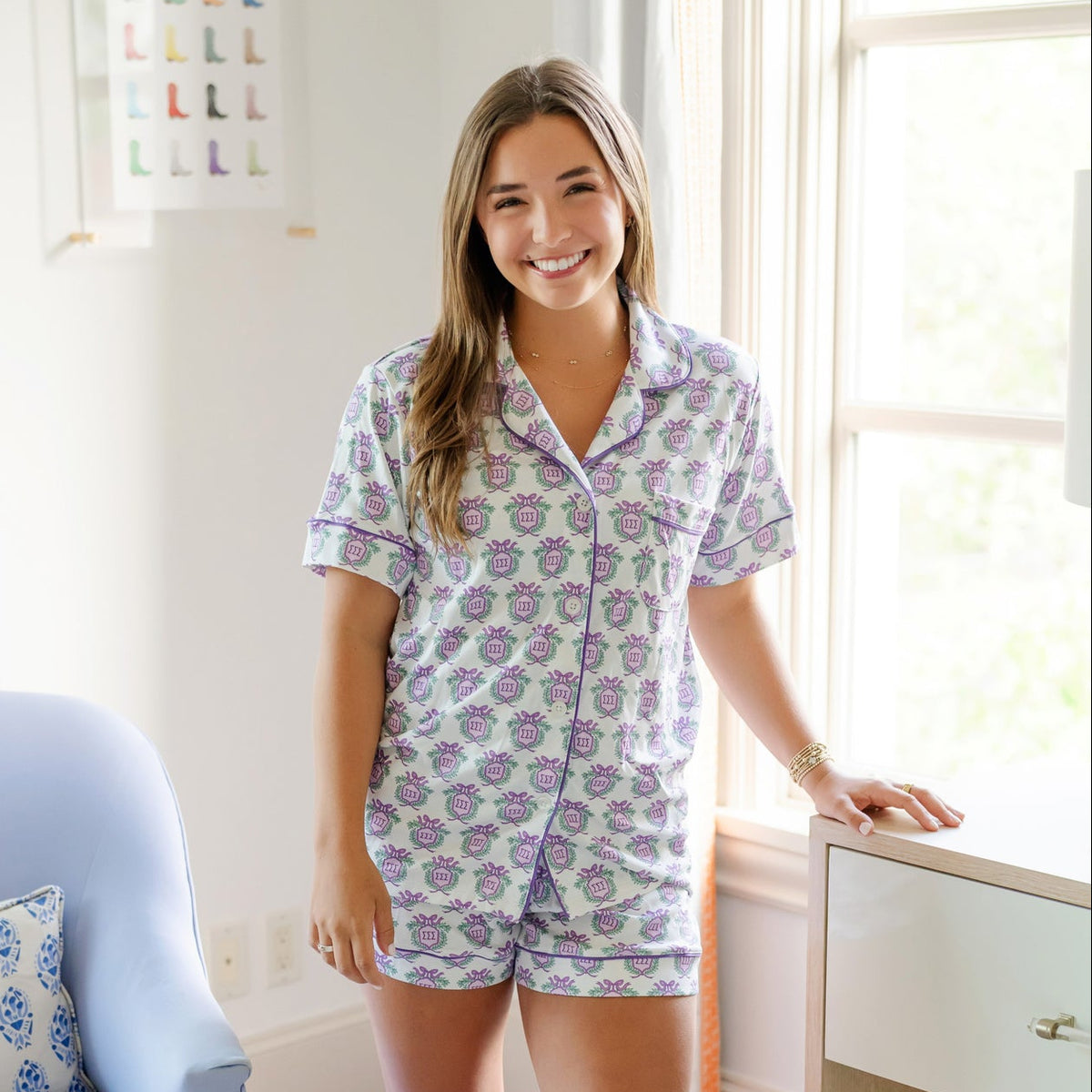 Claire Women's Pajama Short Set - Sigma Sigma Sigma Crest outfit perfect for everyday wear
