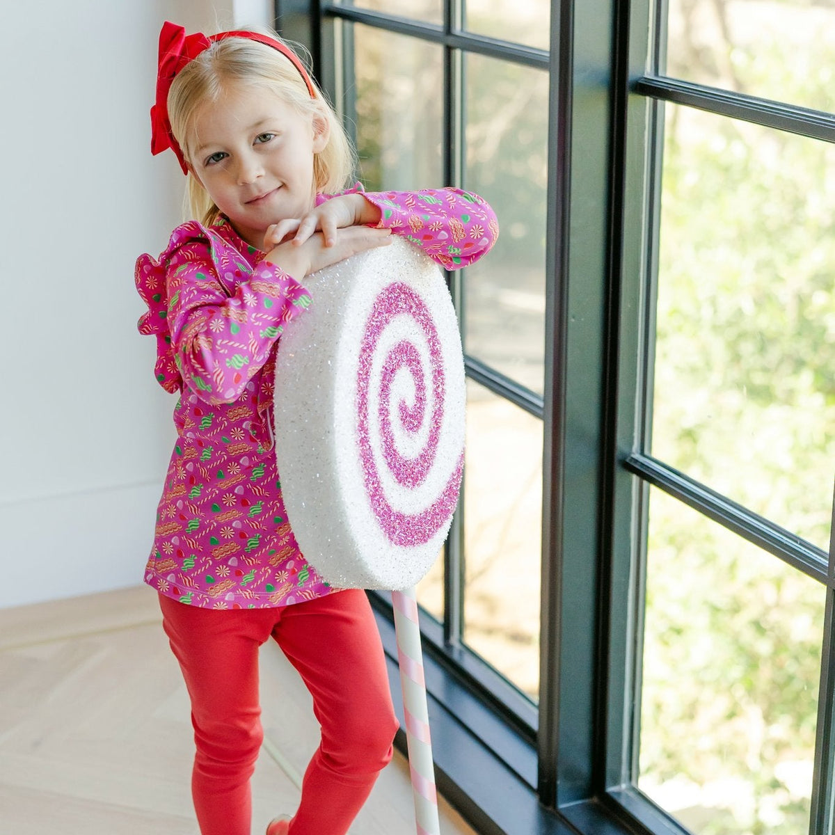 Olive Set Girls' Legging Set - Christmas Candy Pink outfit perfect for everyday wear