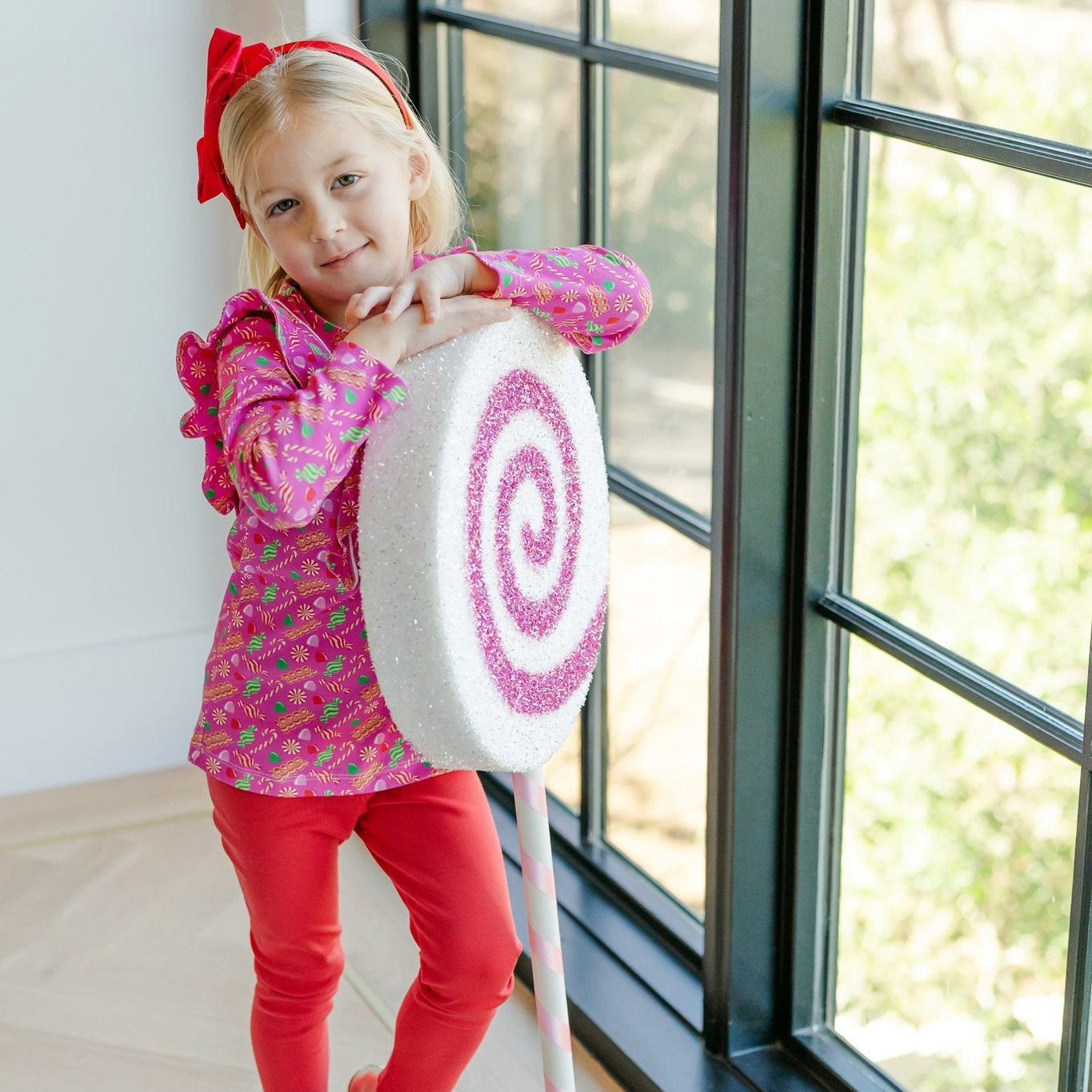Olive Set Girls' Legging Set - Christmas Candy Pink outfit perfect for everyday wear