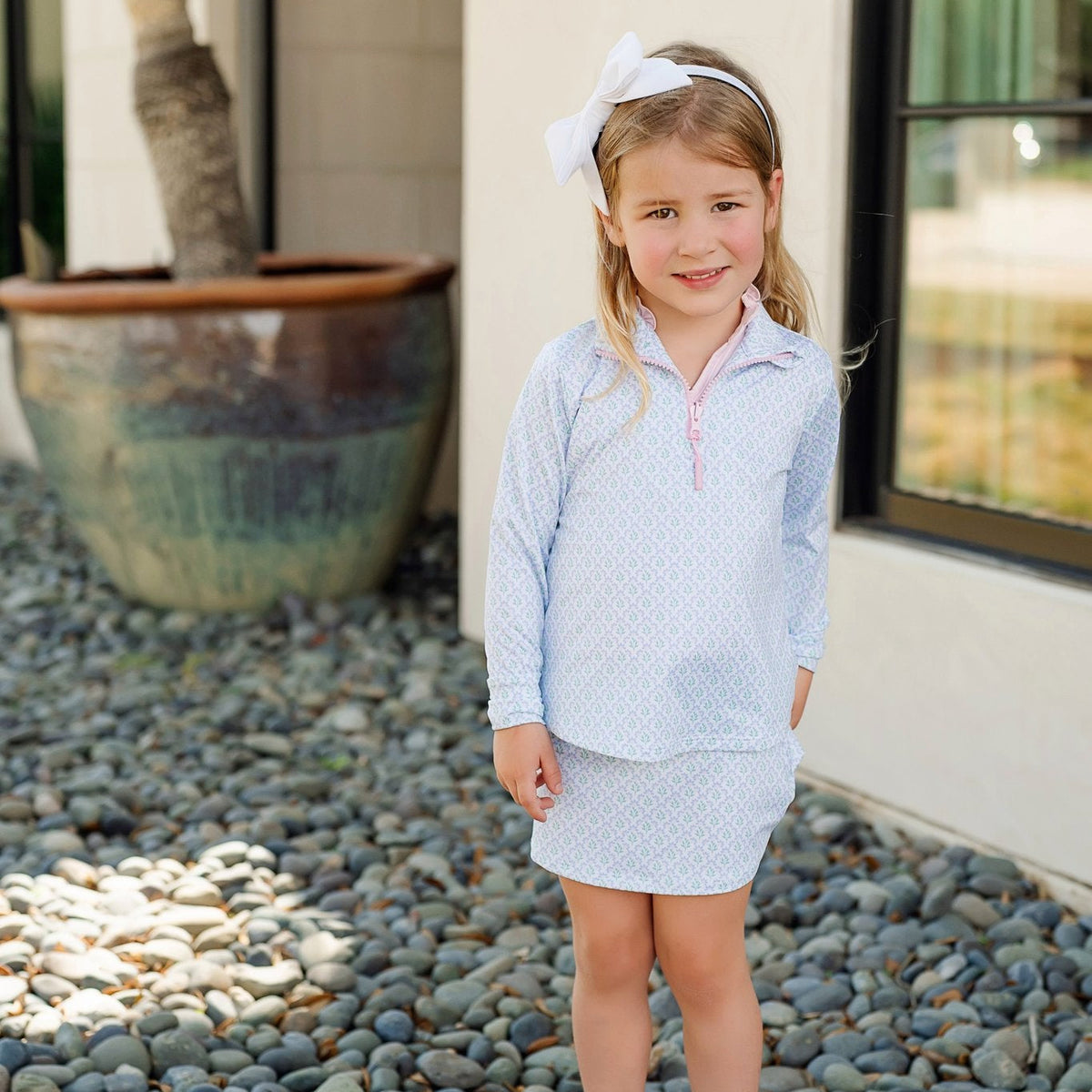 Blair Girls' Performance Pullover by LH Sport - Trellis Bloom Blue outfit perfect for everyday wear