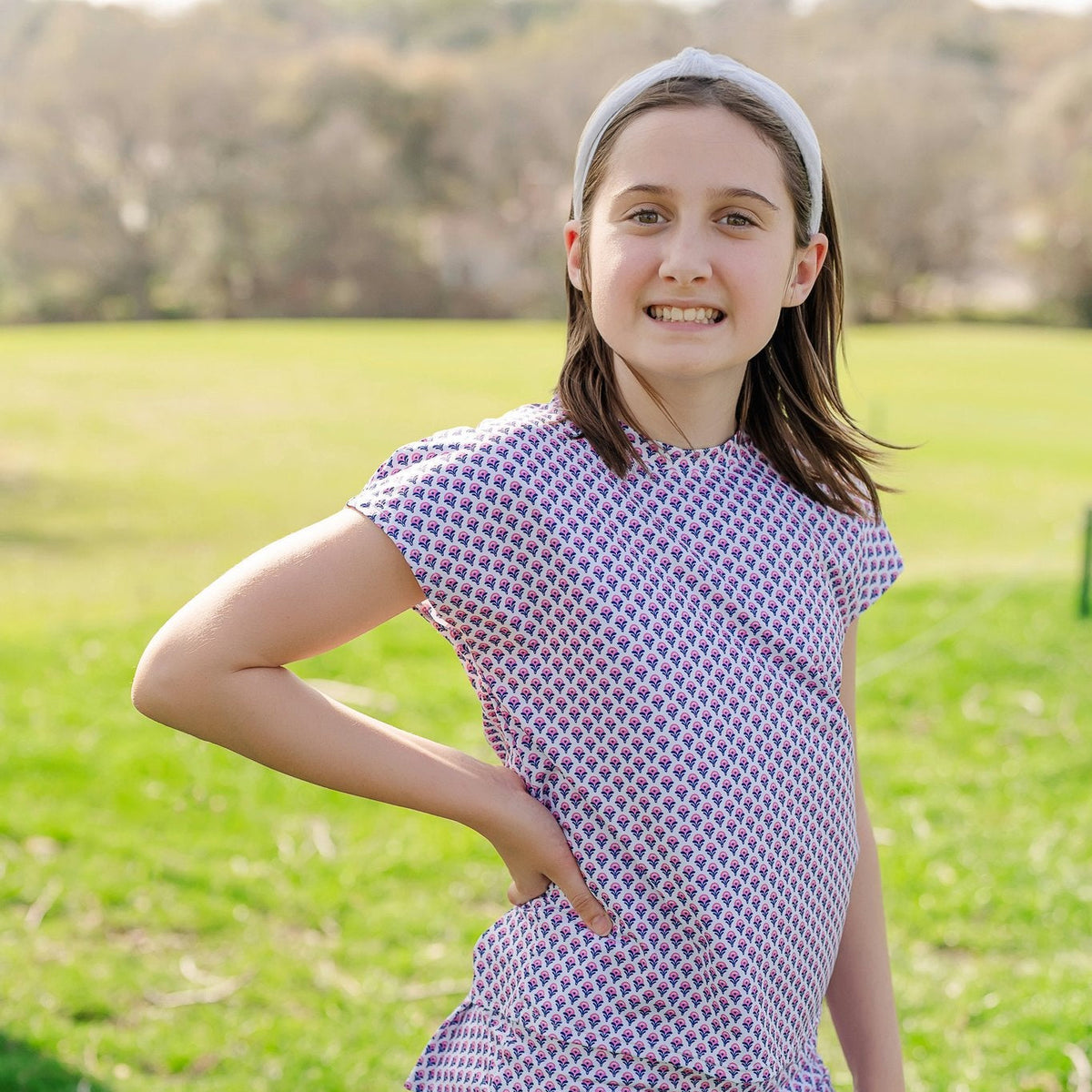 Sloane Girls' Short Sleeve Performance Top by LH Sport - Boho Flora Hot Pink Navy outfit perfect for everyday wear