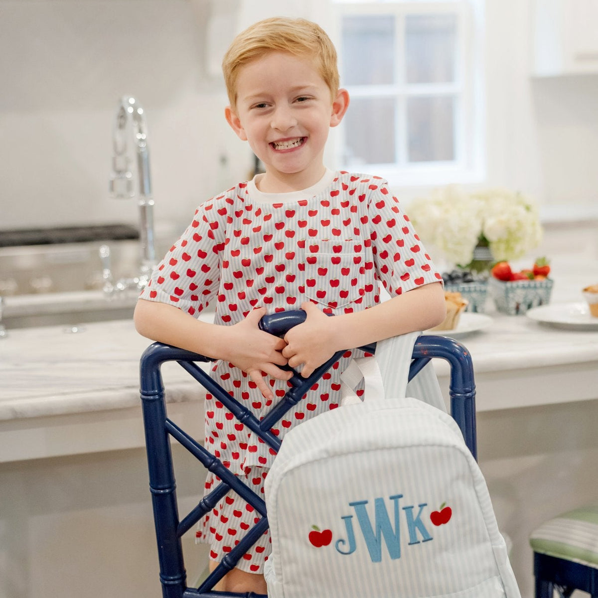 Charles Boys' Short Set - Schoolhouse Apples Blue soft cotton kids fashion wear