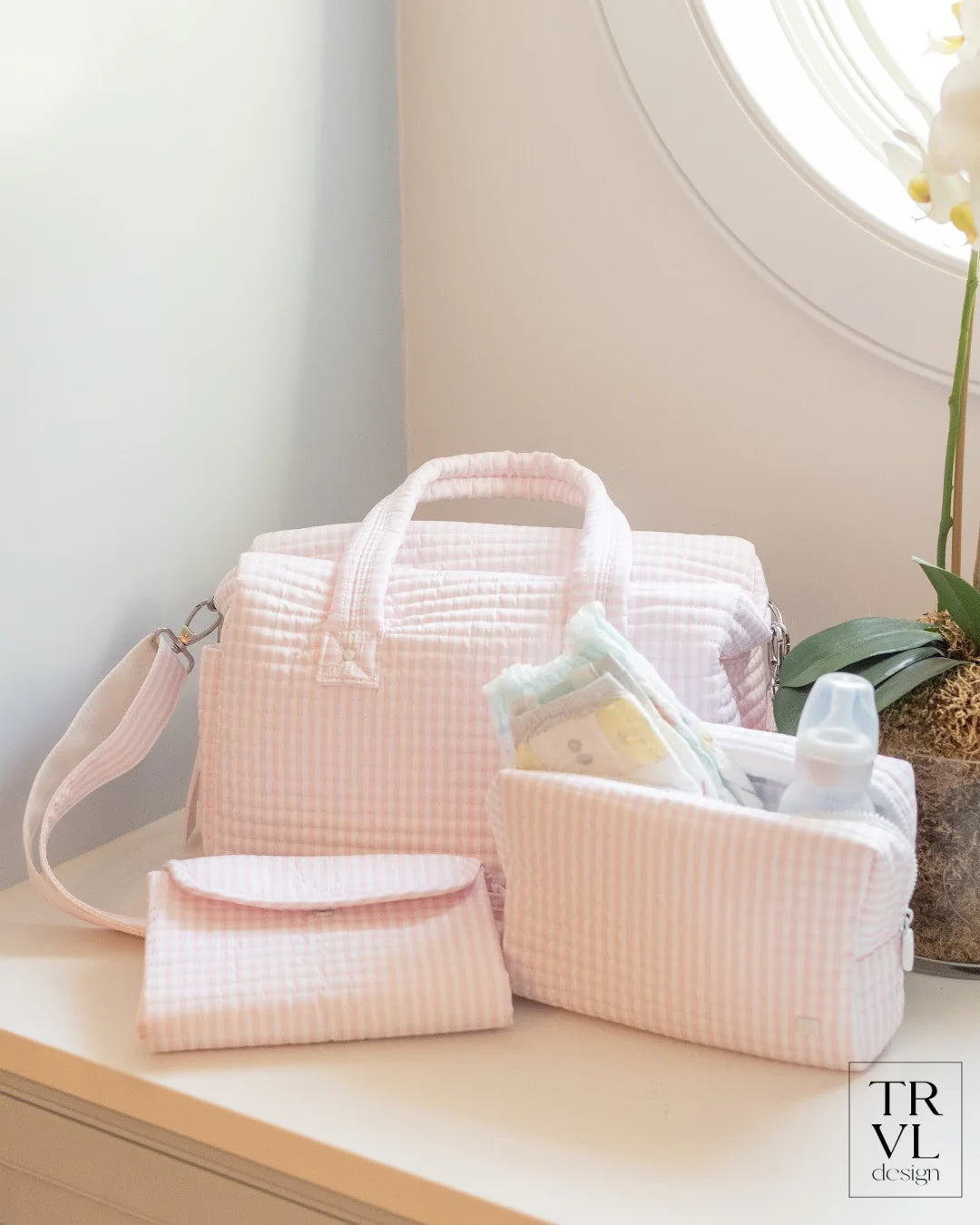 Buy Quilted Changing Mat Pimlico Stripe Light Pink by TRVL Design kids clothing online