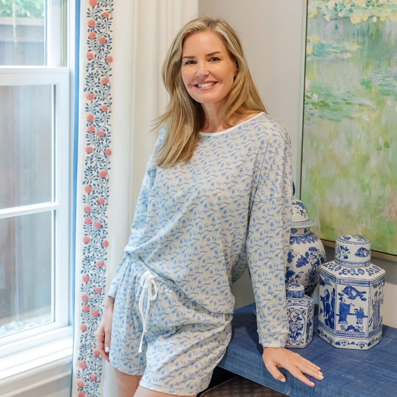 Anna Women's Longsleeve Short Set - Blue Savanna Safari outfit perfect for everyday wear