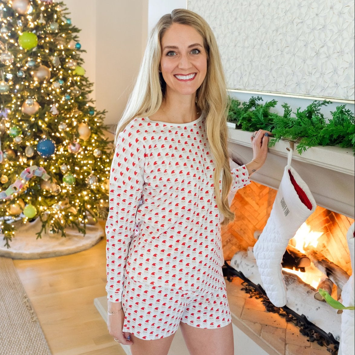Anna Women's Longsleeve Top Short Set - Whimsical Santa outfit perfect for everyday wear