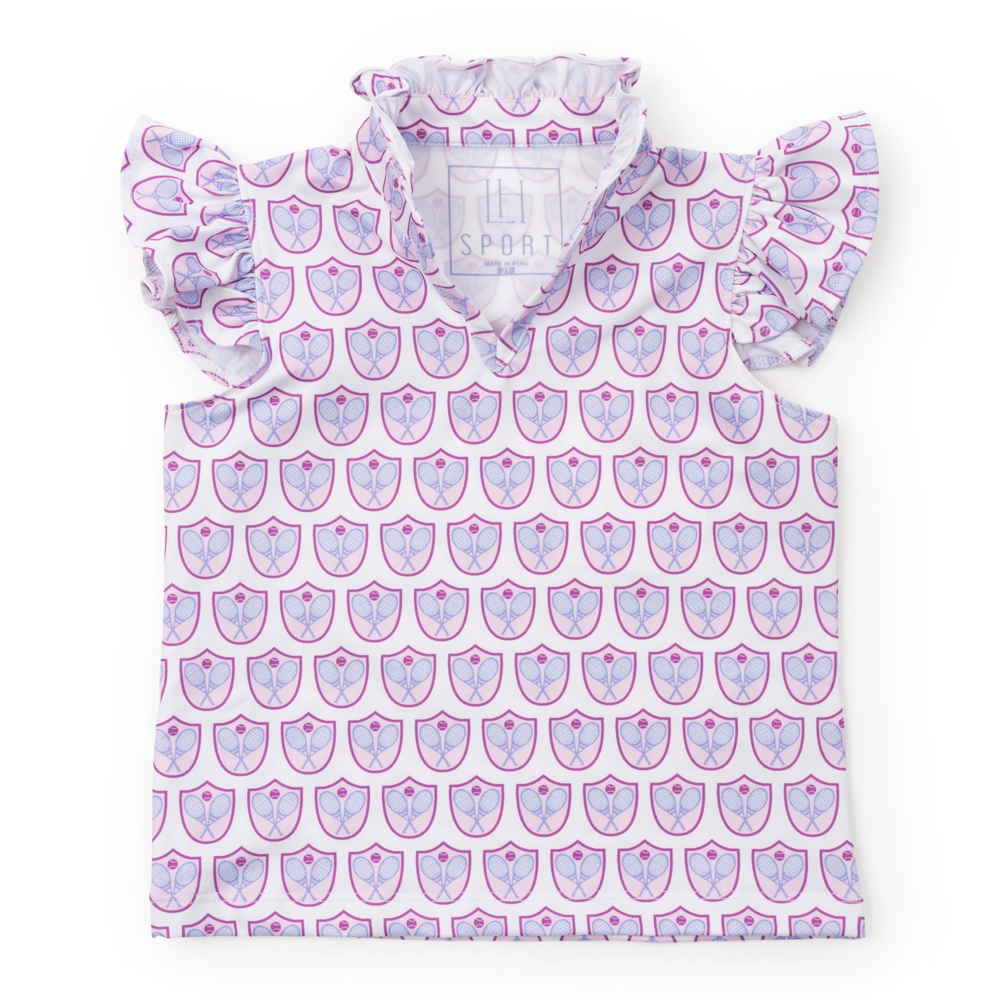 Ellie Girls' Sleeveless Performance Top by LH Sport - Tennis Crest Pink