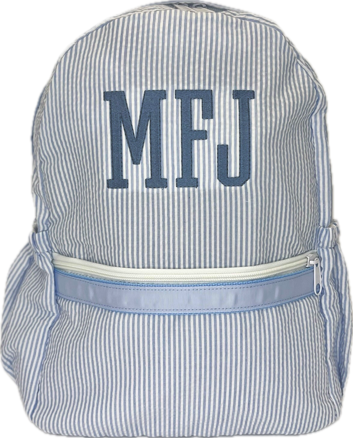Medium Backpack with Pockets Baby Blue Seersucker by Mint Sweet Little Things designer outfit for kids