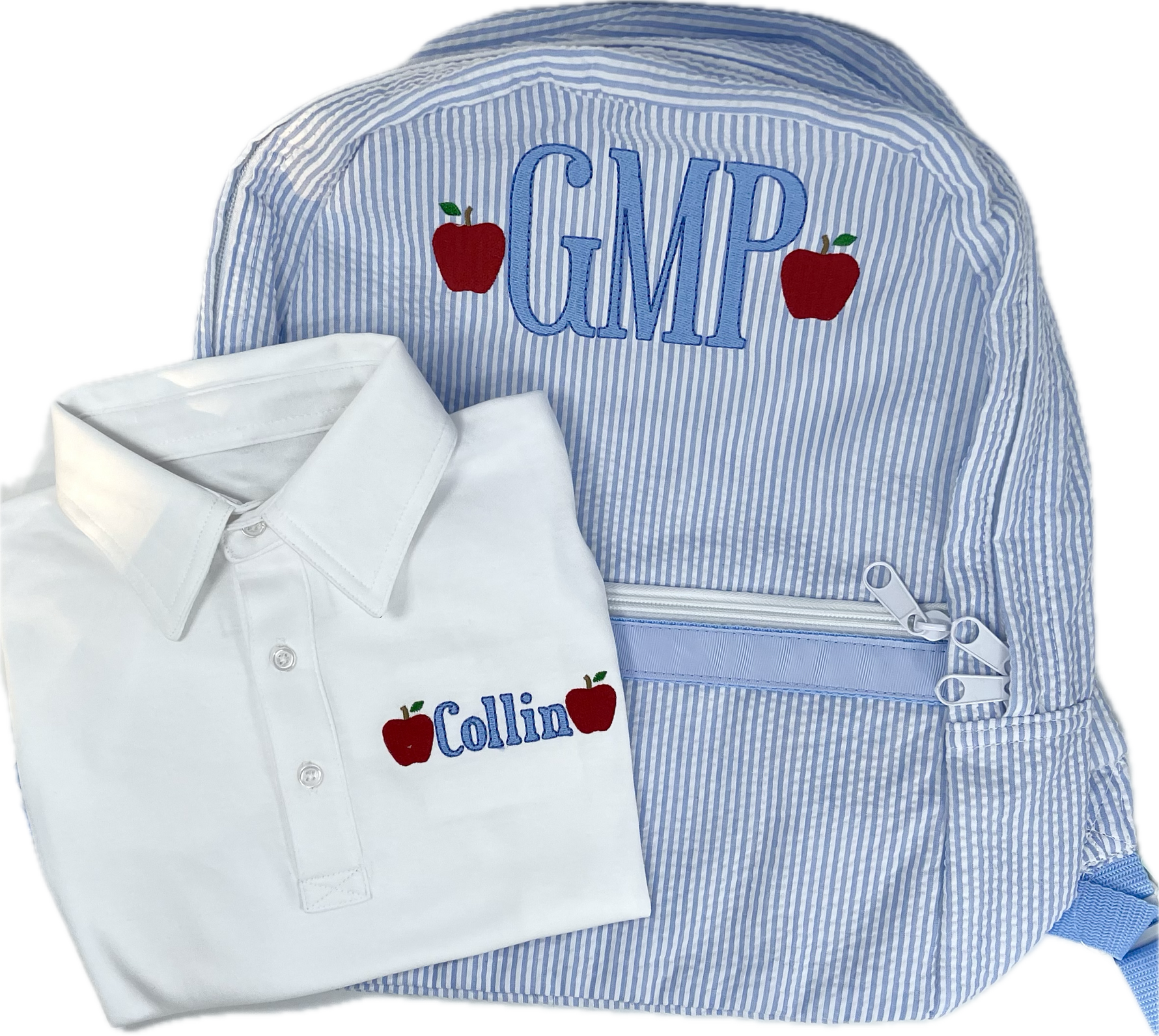 Medium Backpack with Pockets Baby Blue Seersucker by Mint Sweet Little Things stylish kids outfit collection