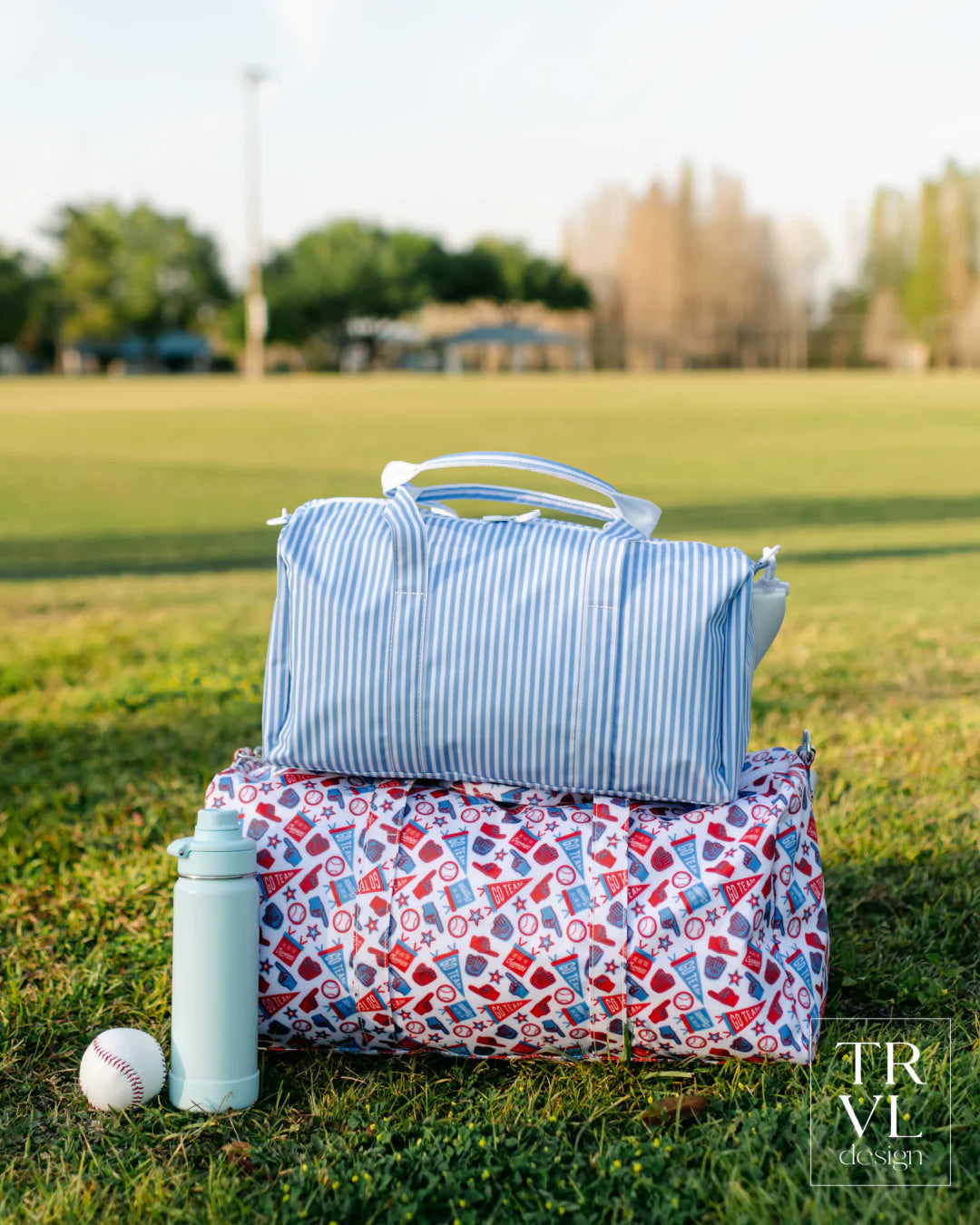 Buy Weekender Duffel Bag Pimlico Stripe Chambray by TRVL Design kids clothing online