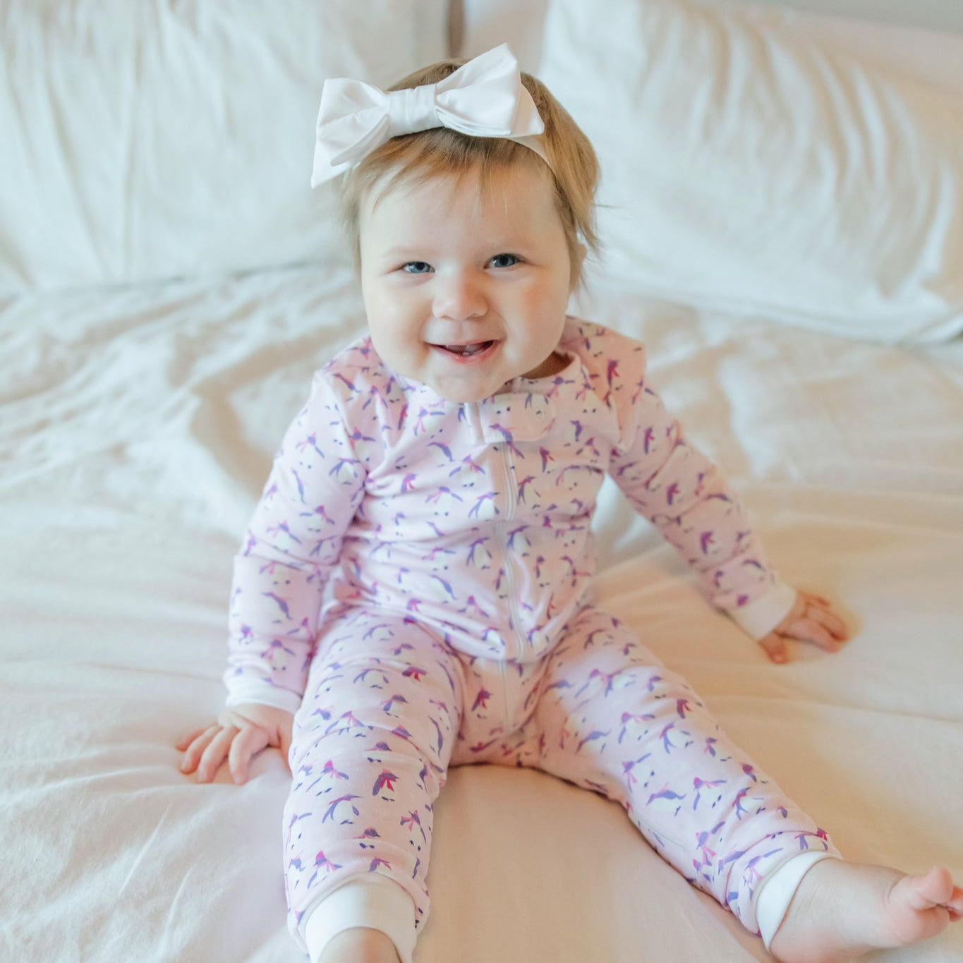 Parker Girls' Zipper Pajama - Penguin Party Pink