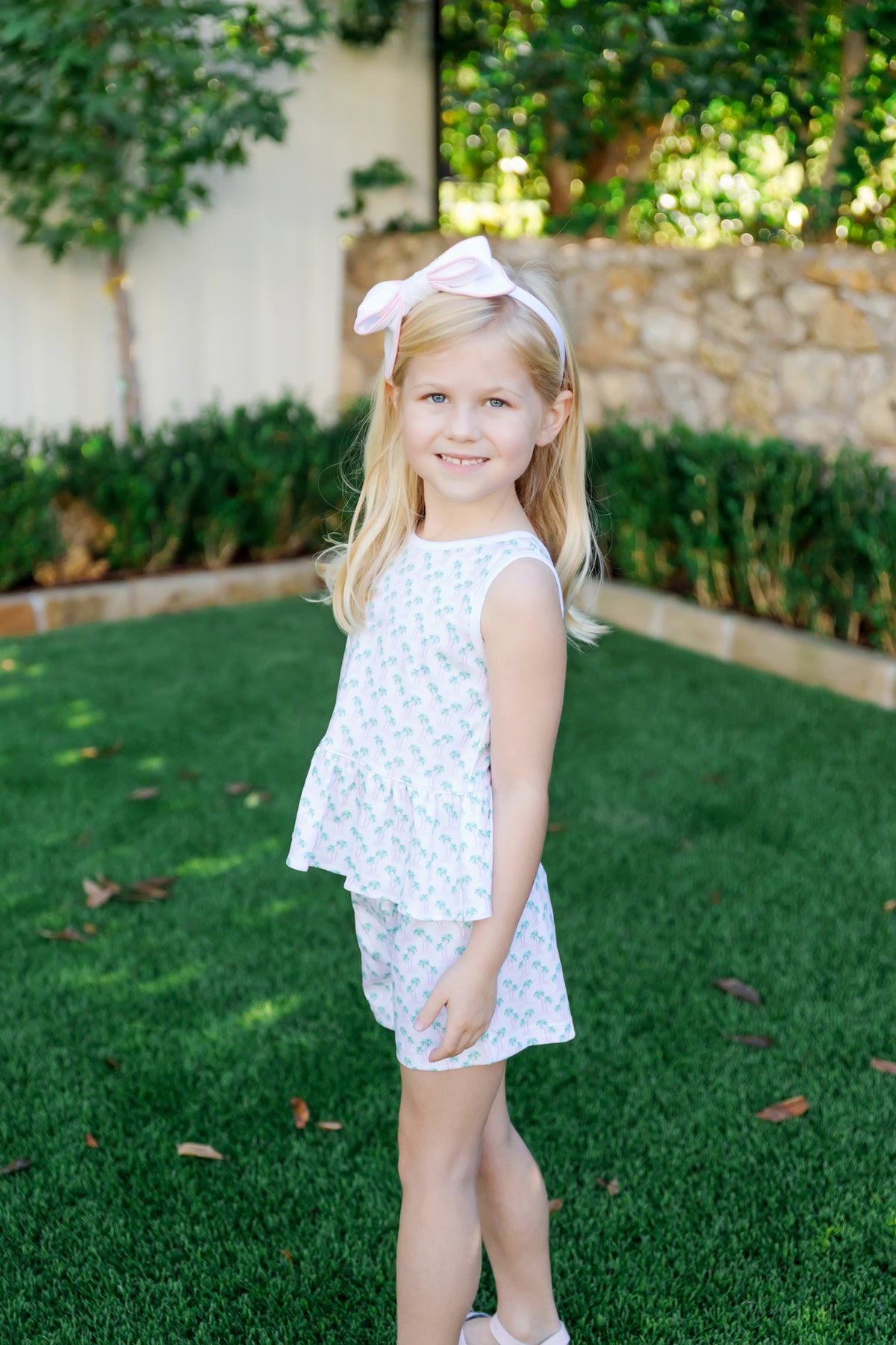 Poppy Girls' Short Set - Palm Tree Isle Pink soft cotton kids fashion wear