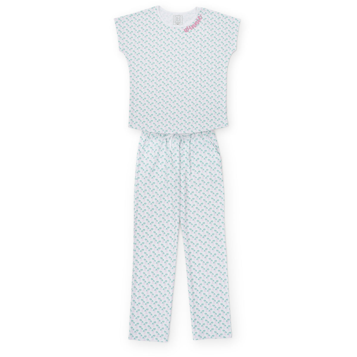 Marcia Women's Pajama Pant Set - Palm Tree Isle Pink outfit perfect for everyday wear