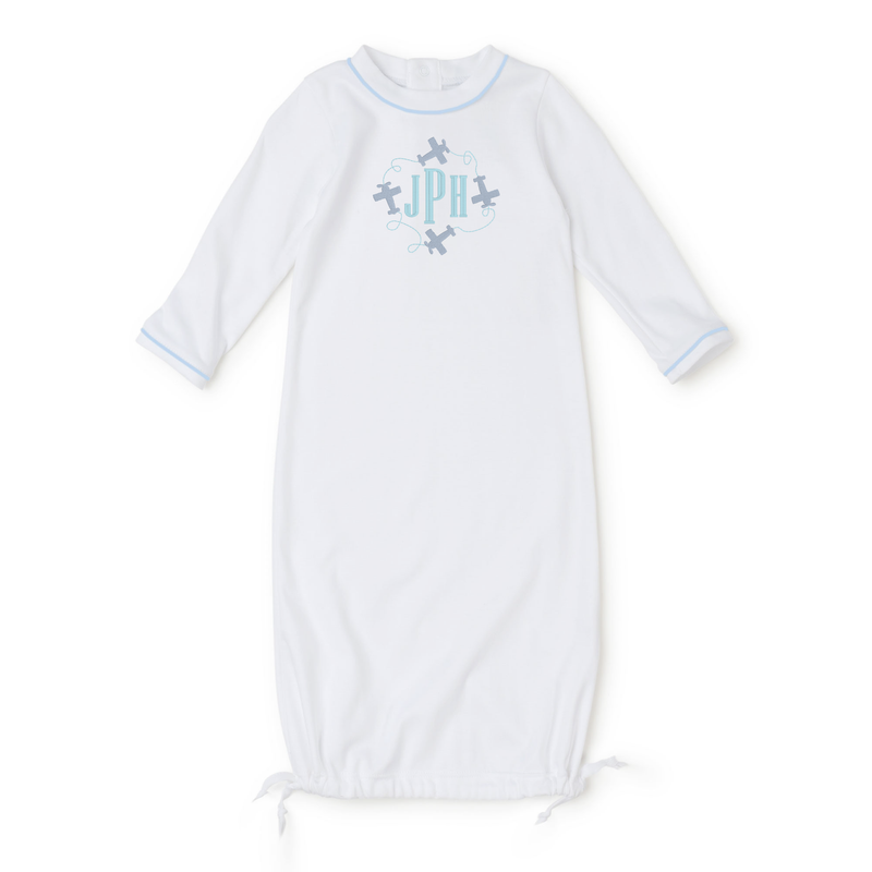 Baby Shop: George Pima Cotton Daygown with Monogram - White with Light Blue Piping