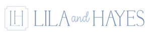 Lila and Hayes logo in blue lettering with logo image LH in a custom design box
