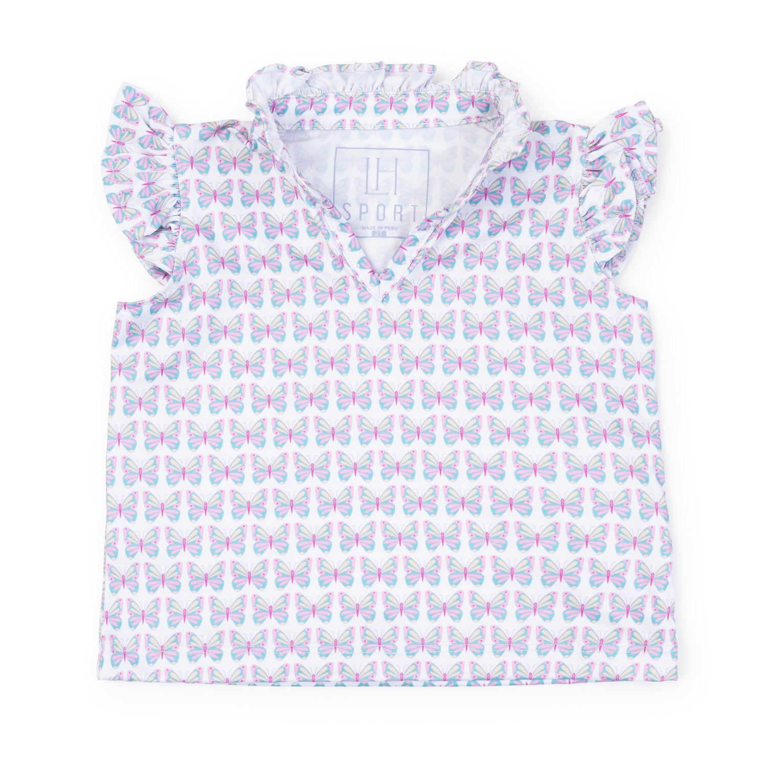 Ellie Girls' Sleeveless Performance Top by LH Sport - Peace Love Butterflies Pink Multi