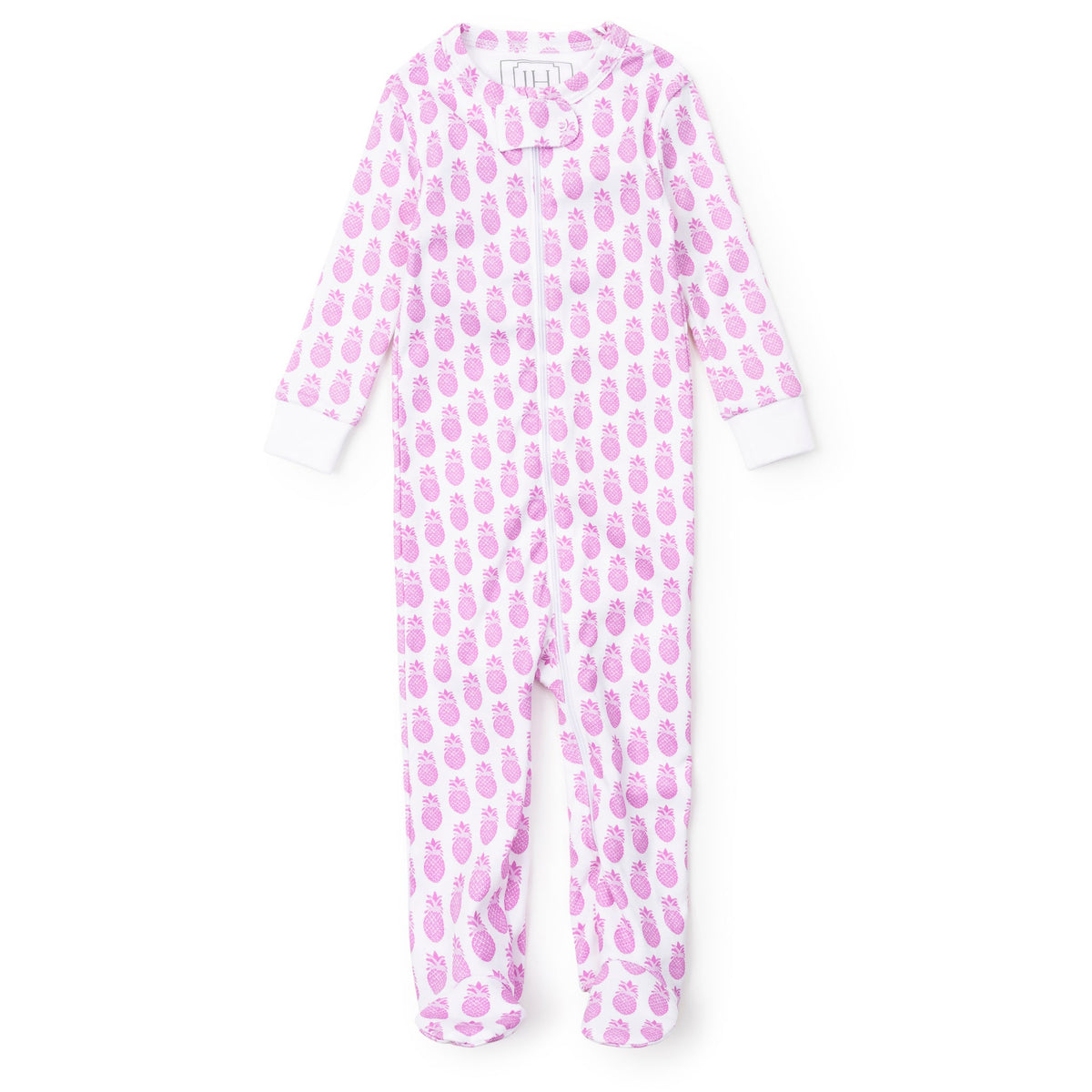 Pink and white onesie with pineapple pattern on a white background