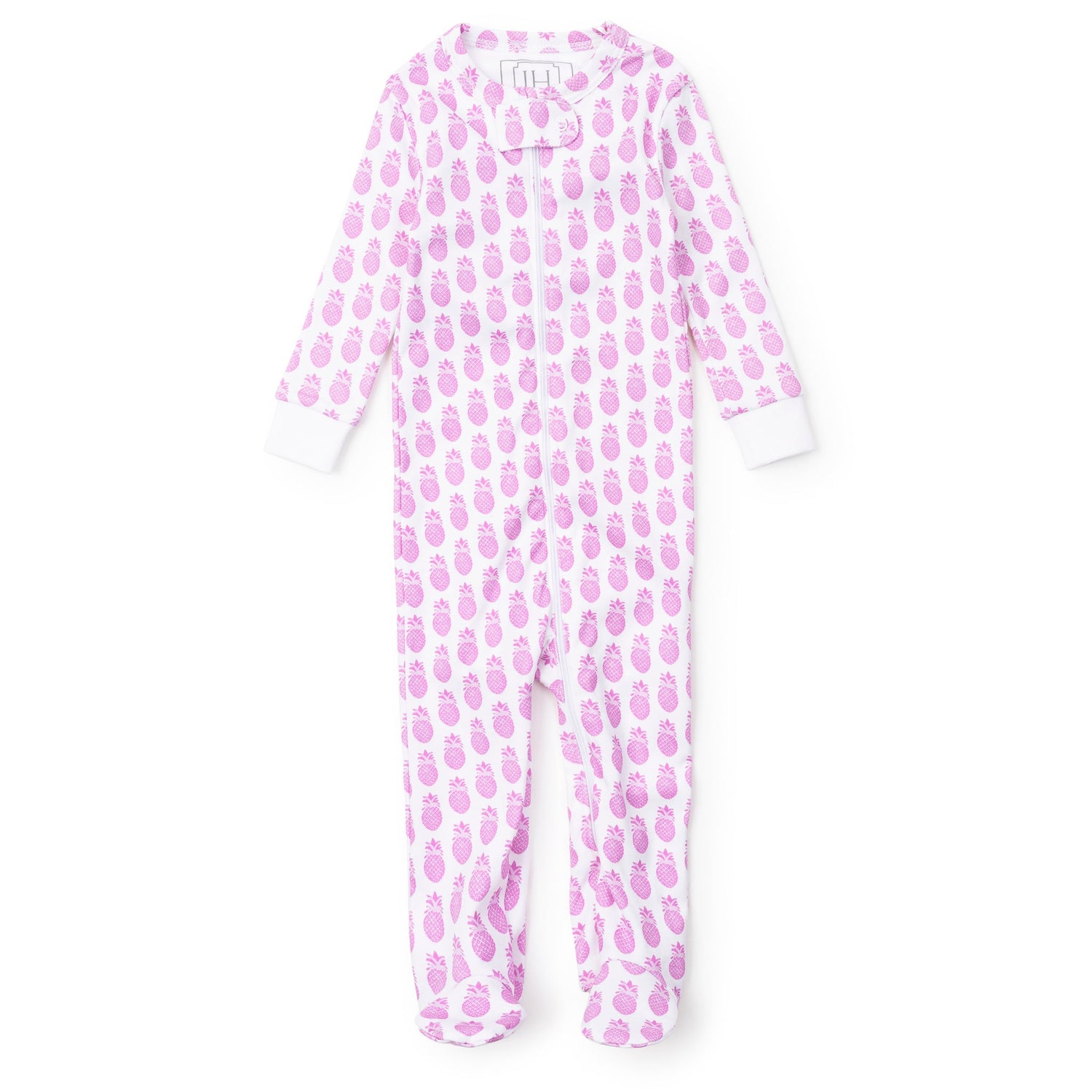 Pink and white onesie with pineapple pattern on a white background
