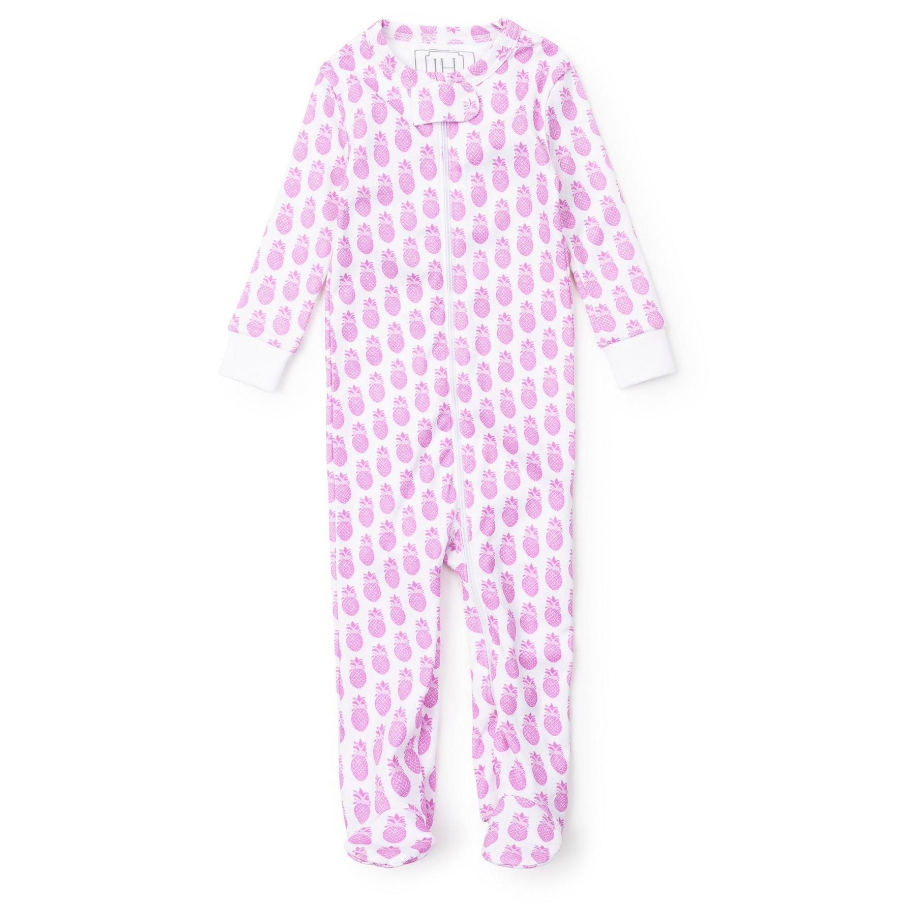 Pink and white onesie with pineapple pattern on a white background