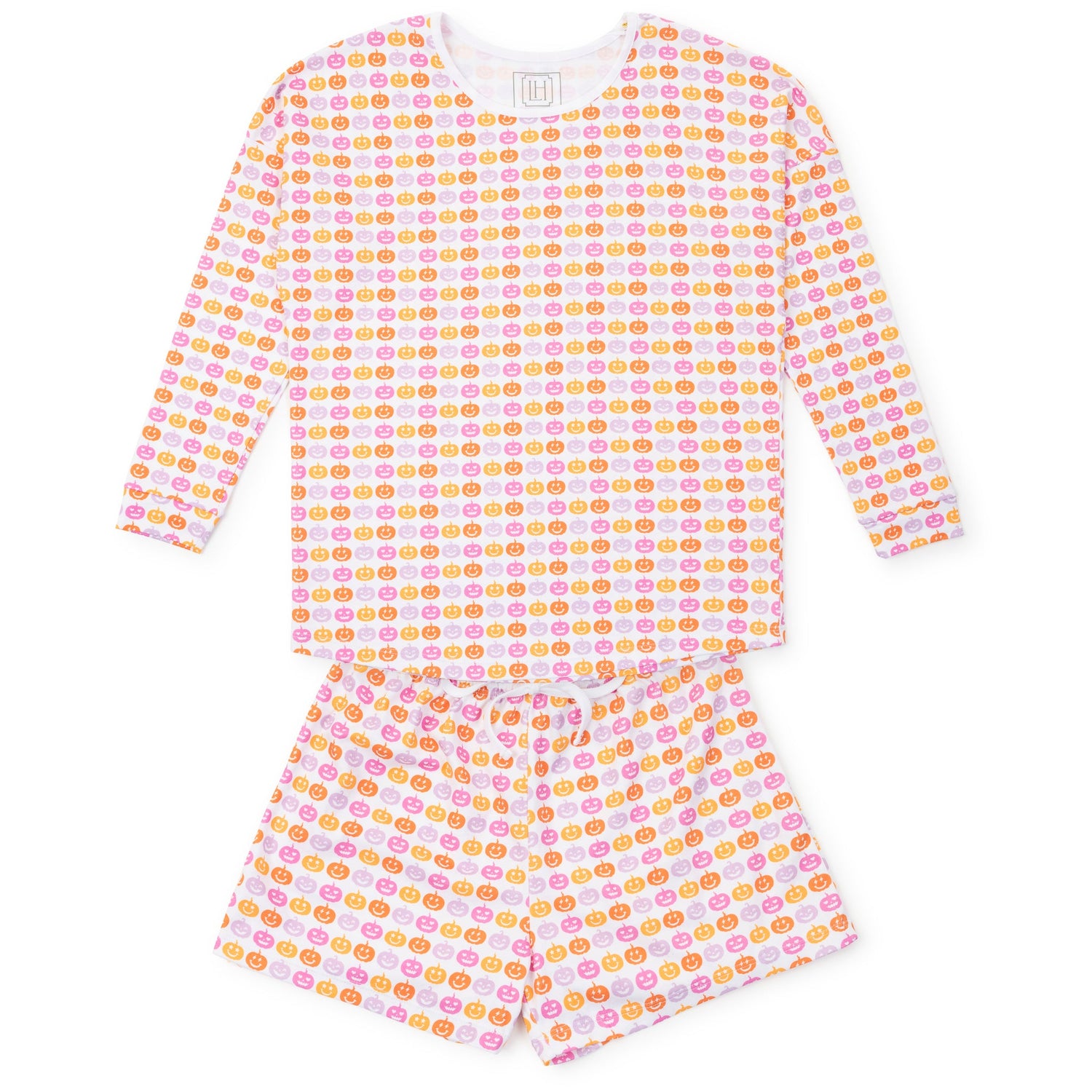 Anna Women's Longsleeve Short Set - Preppy Pumpkins Bright