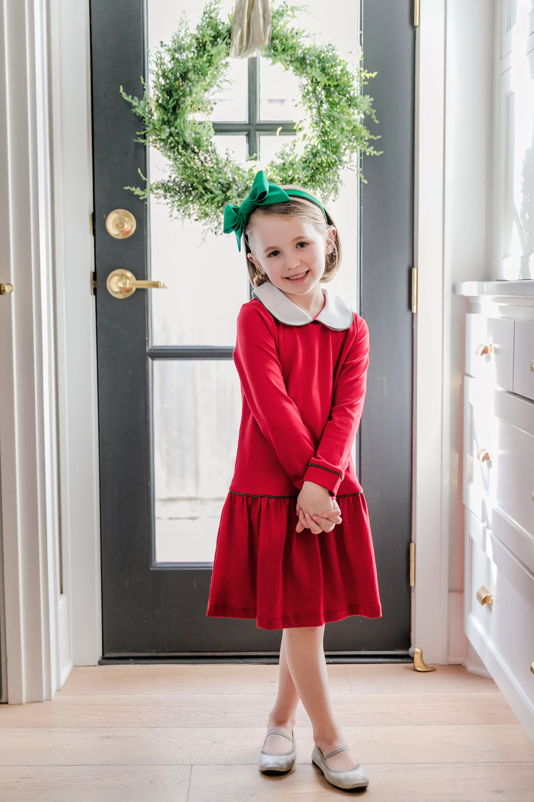 Lillian Girls' Dress Red with Green Piping designer outfit for kids
