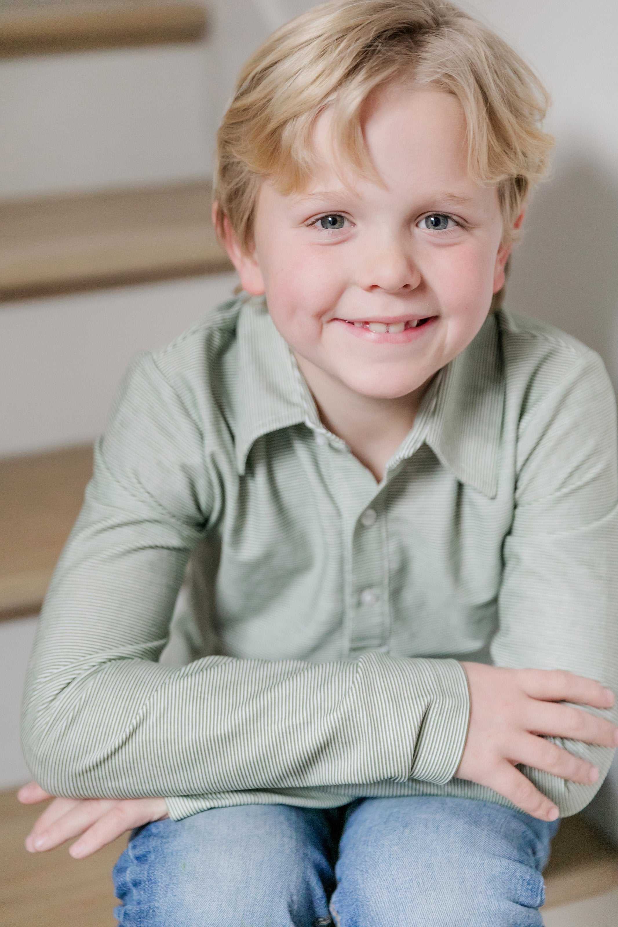 Finn Long Sleeve Polo Golf Shirt for Boys- Green Stripes
