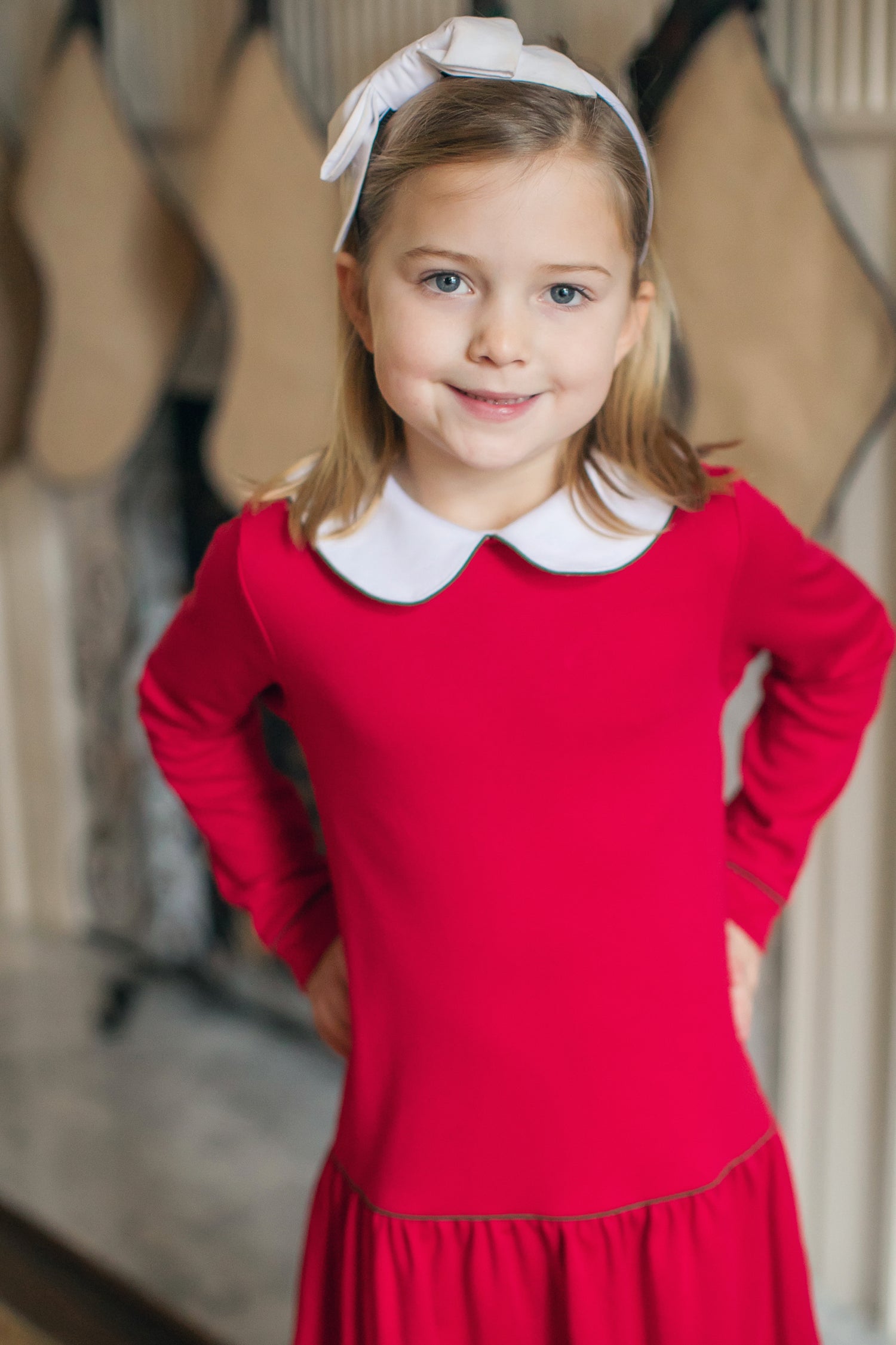 Lillian Girls' Dress Red with Green Piping