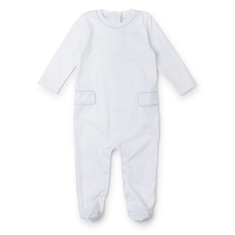 SALE Preston Footed Romper - White with Light Blue Piping (Past Season)